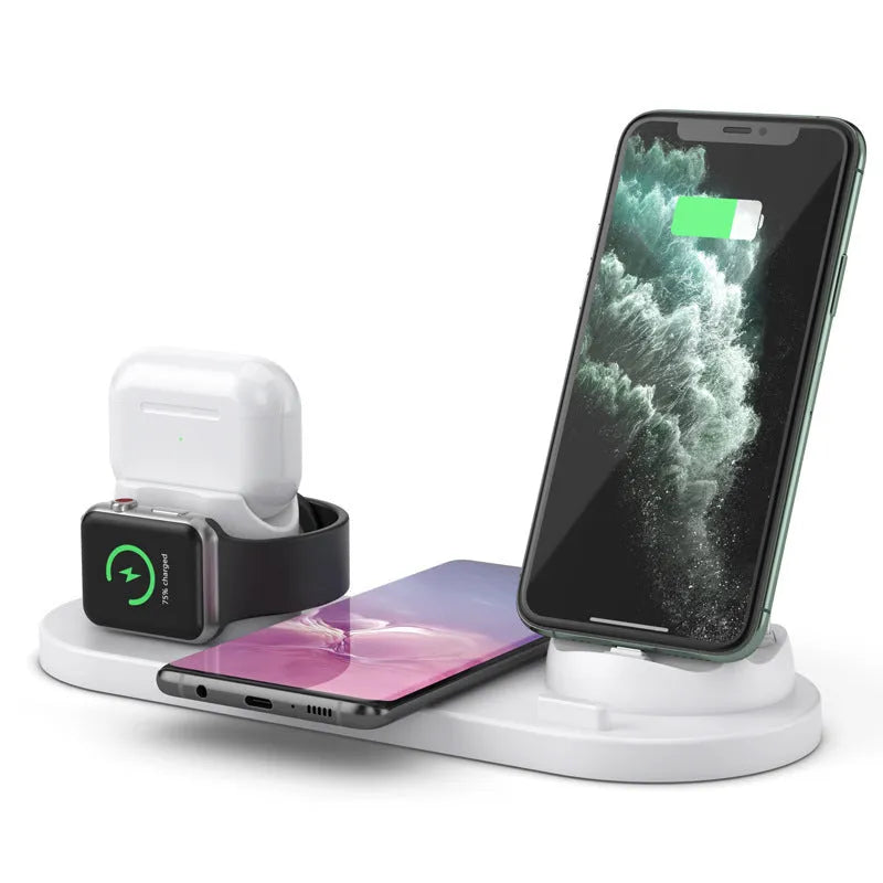 Black or white 6-in-1 wireless charging station holding phone with AirPods and watch charging