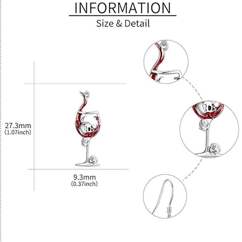 Pair of geometric drop earrings with combined skull and wine glass design in metallic finish.