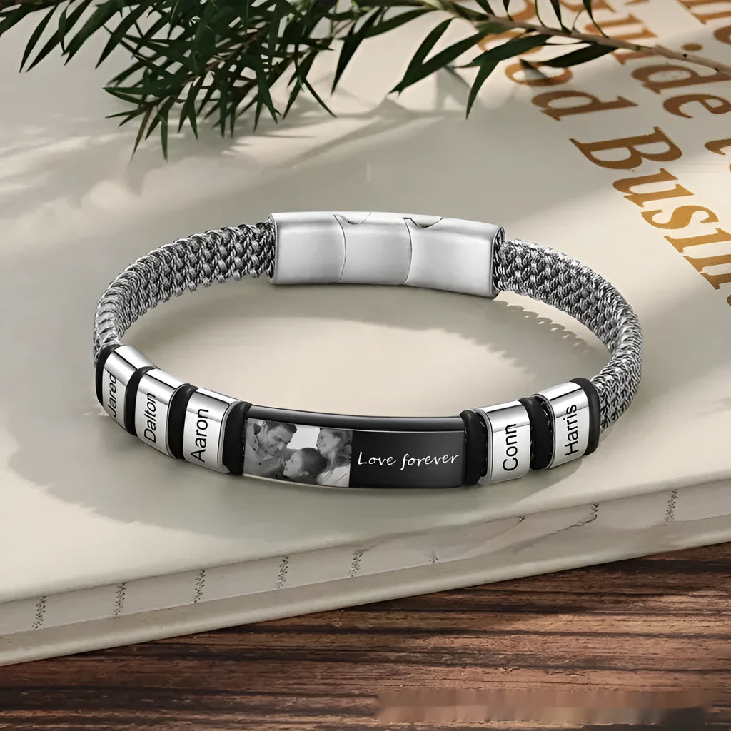 Personalised stainless steel lettering bracelet with heart-shaped beads on leather rope band