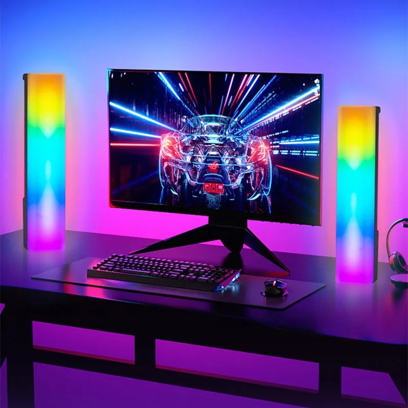 3D RGB music rhythm ambiance lamp in black or white shell on a tabletop.