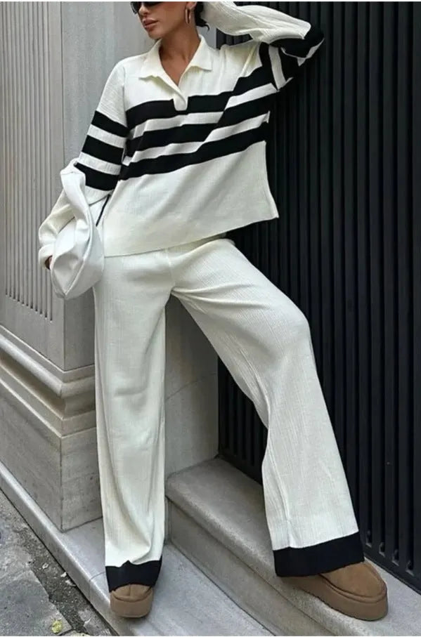 Women's black and white striped knitted polo shirt and trousers two-piece set