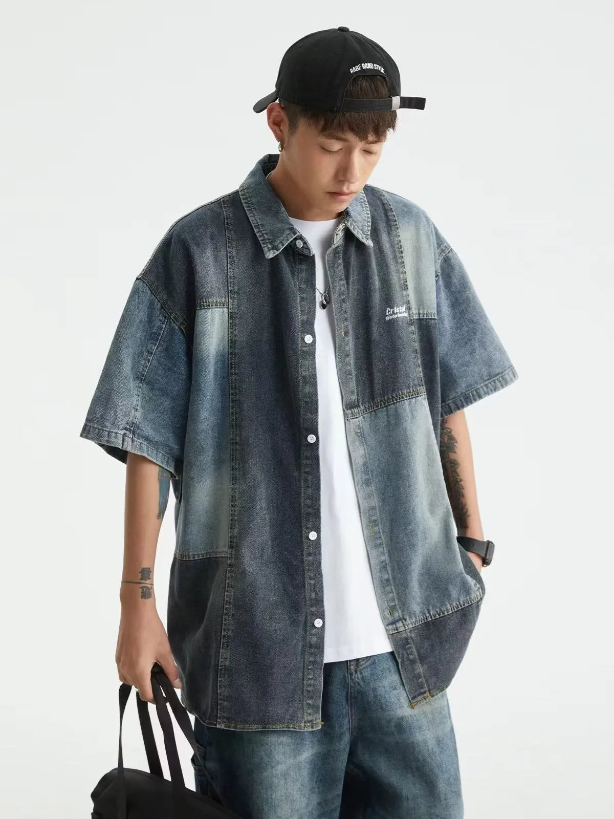 Blue Japanese-style retro washed stitching denim shirt for men with loose cardigan fit