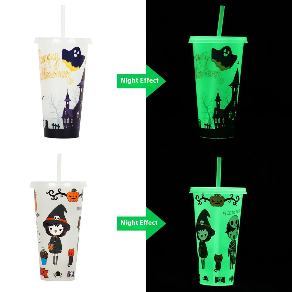 720ml luminous Halloween plastic sippy cup with straw, cylindrical shape in PP material.