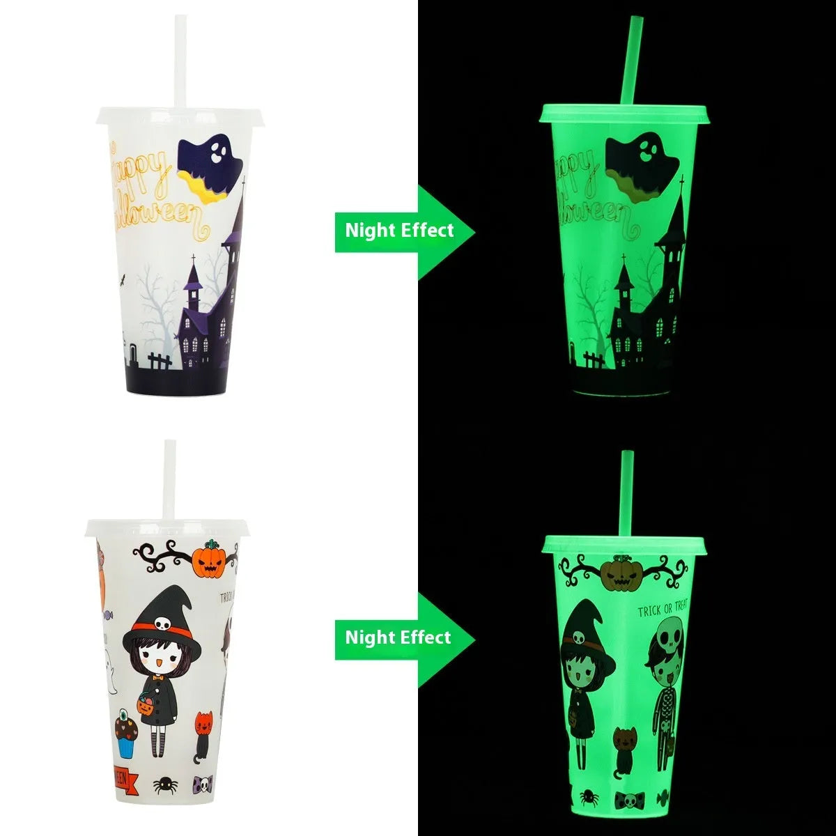 720ml luminous Halloween plastic sippy cup with straw, cylindrical shape in PP material.