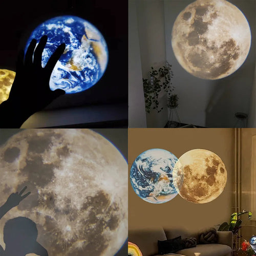 Earth and Moon star projection lamp with adjustable bracket on bedside table