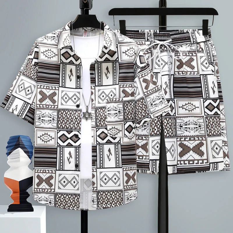 Men's polyester casual sports shorts two-piece set with matching short sleeve top