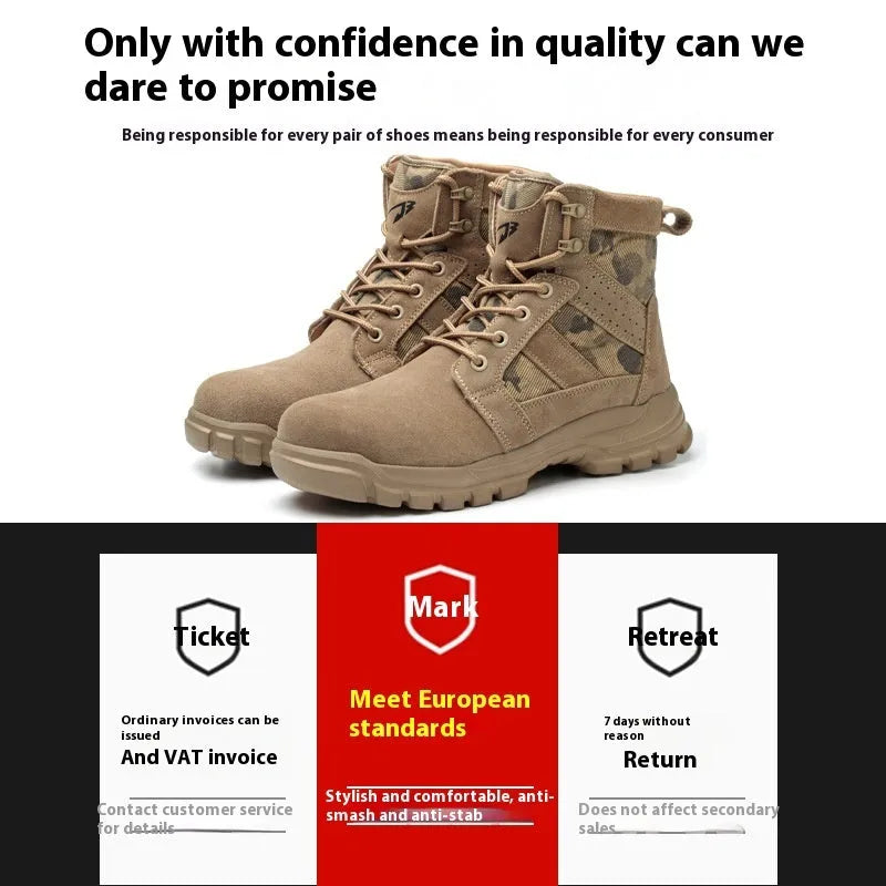 Khaki coloured high-top suede safety boots with steel toe cap and front lace-up closure on a rubber sole.
