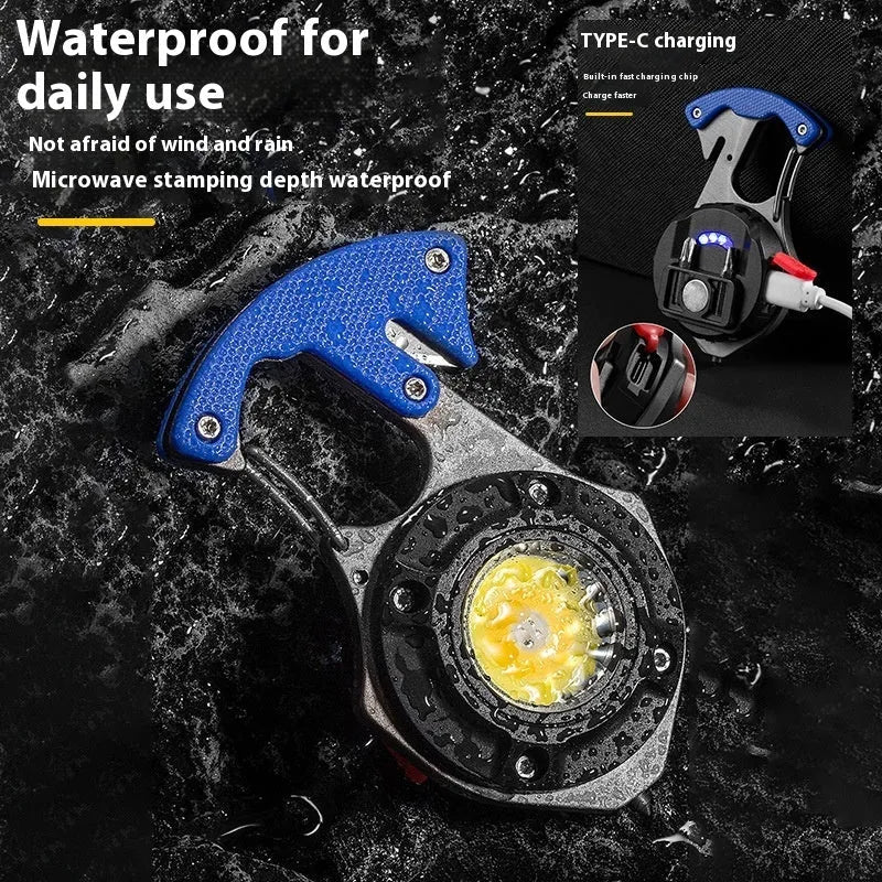 Silver and black multifunctional keychain light with LED array, window breaking hammer tip, and screwdriver.