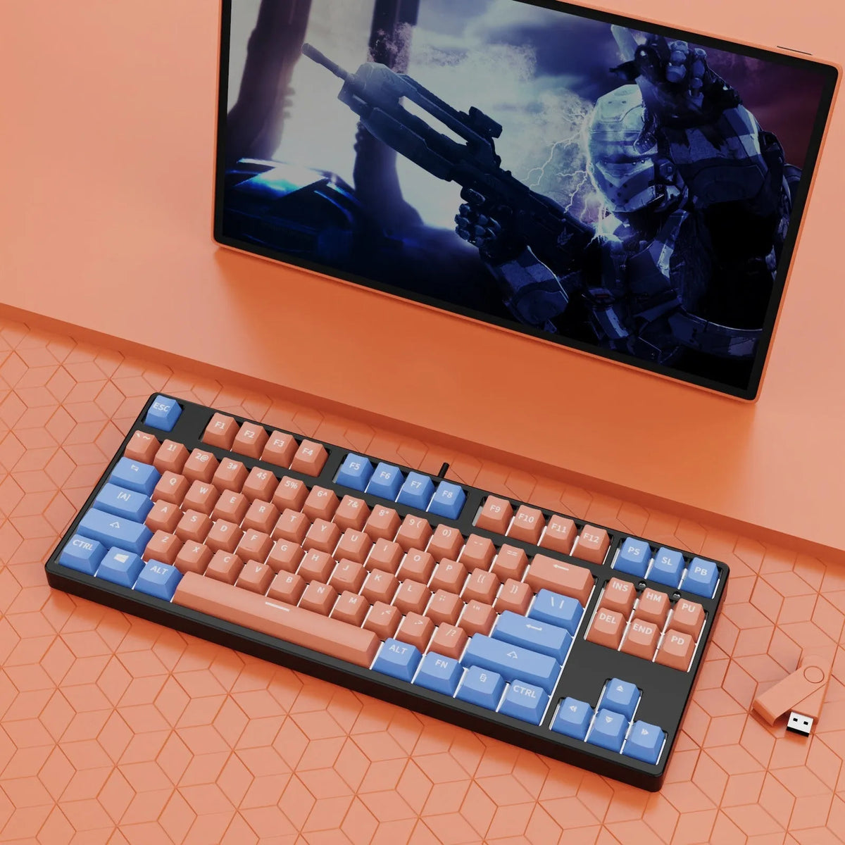 87 key wired mechanical keyboard with hot-swappable switches showing dual-colour keycap theme on metal body
