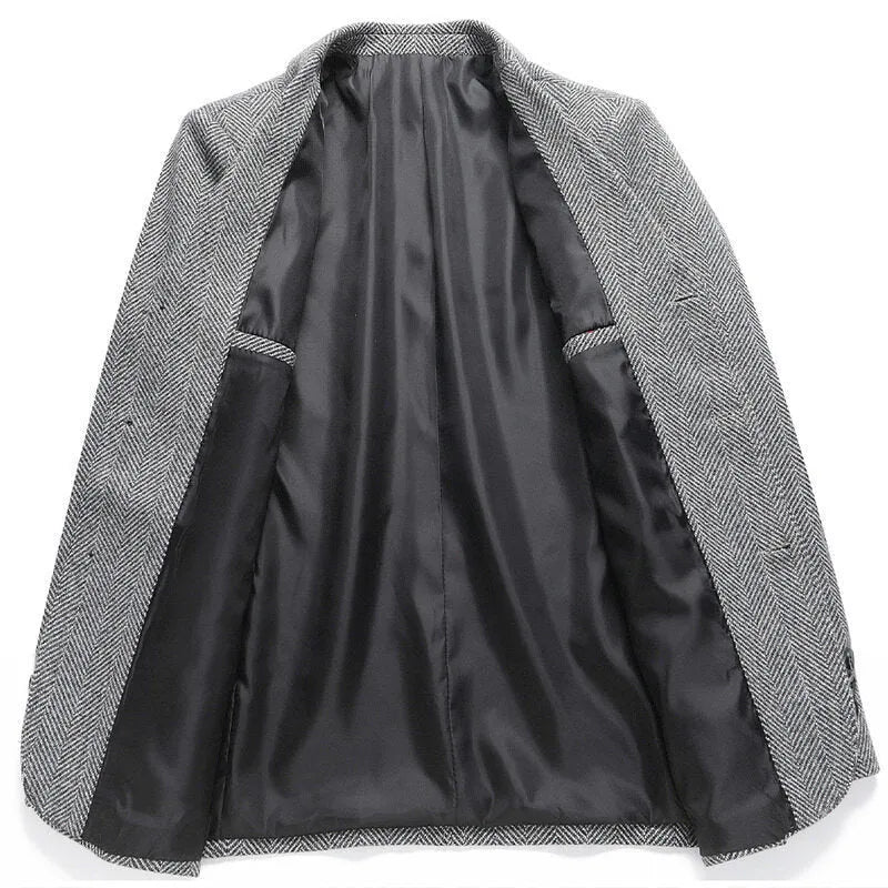 Men's loose fit solid colour woolen coat in black, shown on a model for casual autumn wear.