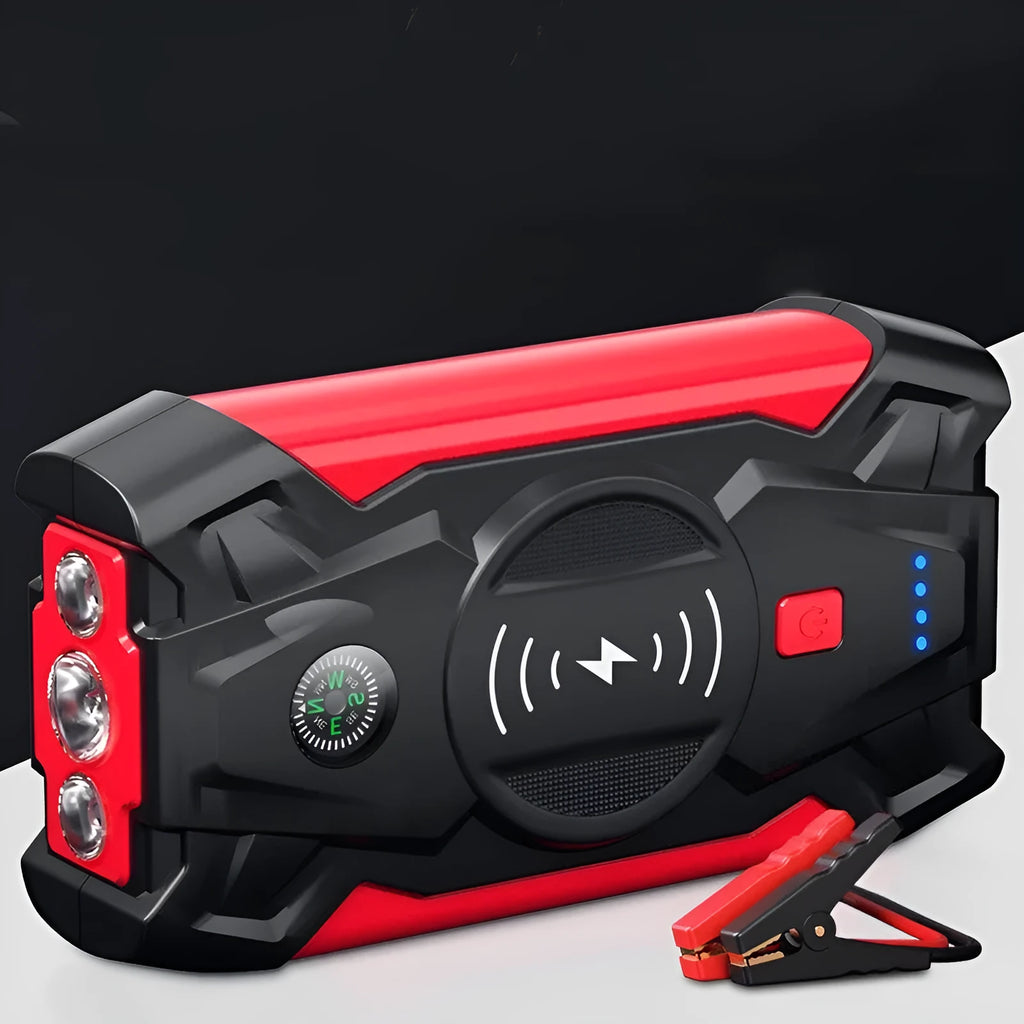 Red 12V car emergency jump starter power pack with battery clips and digital display