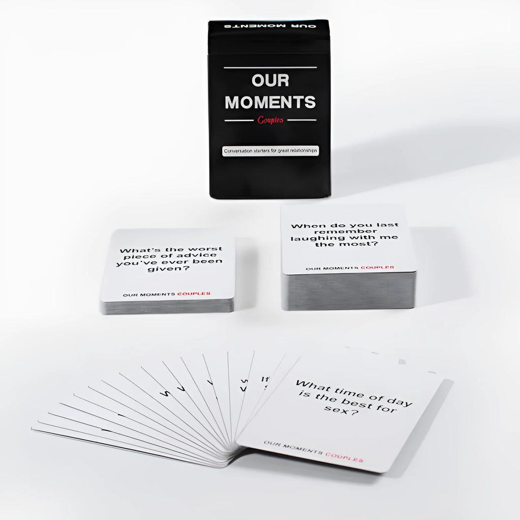 Black gift box containing Our Time Lovers Edition communication cards for couple relationships