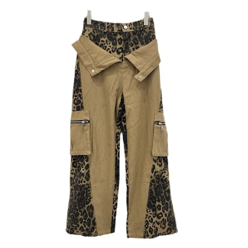 Women's dark khaki leopard print high-waist jeans with retro tooling stitching detail