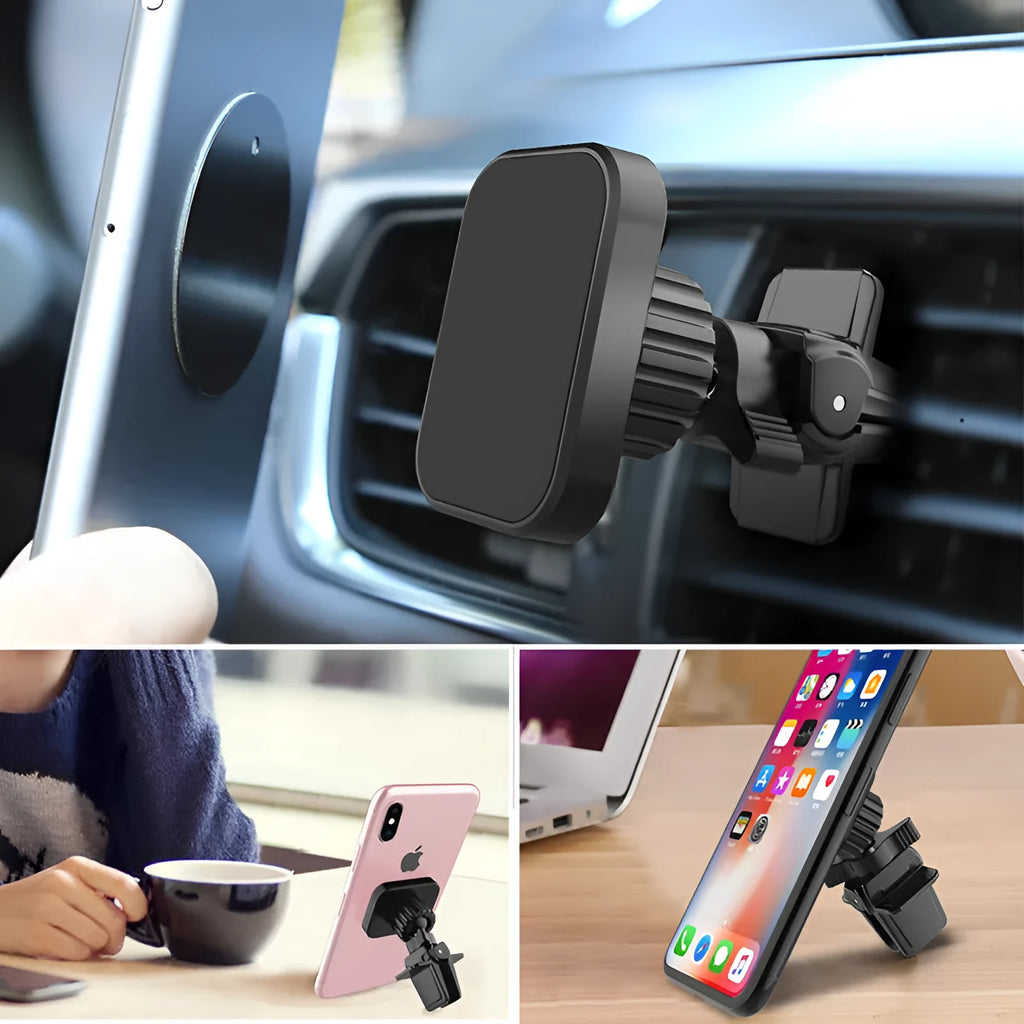 Black magnetic car phone holder mounted on vehicle air conditioning vent with smartphone attached
