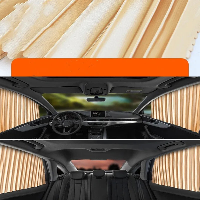 Retractable car sun curtain extended across windscreen with roller shutter mechanism visible.