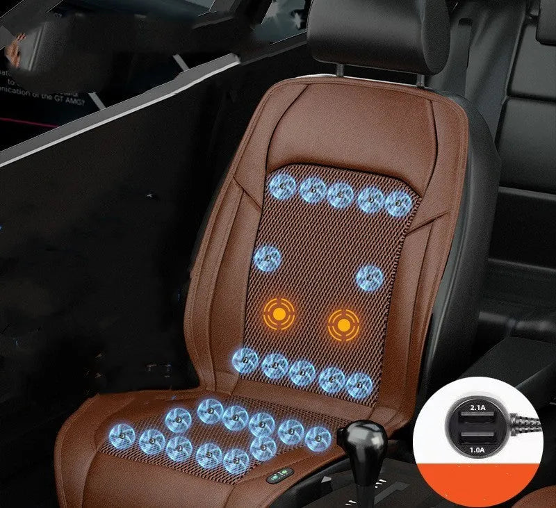 Car seat cooling cushion with ventilation grid and fan unit, shown in black colour