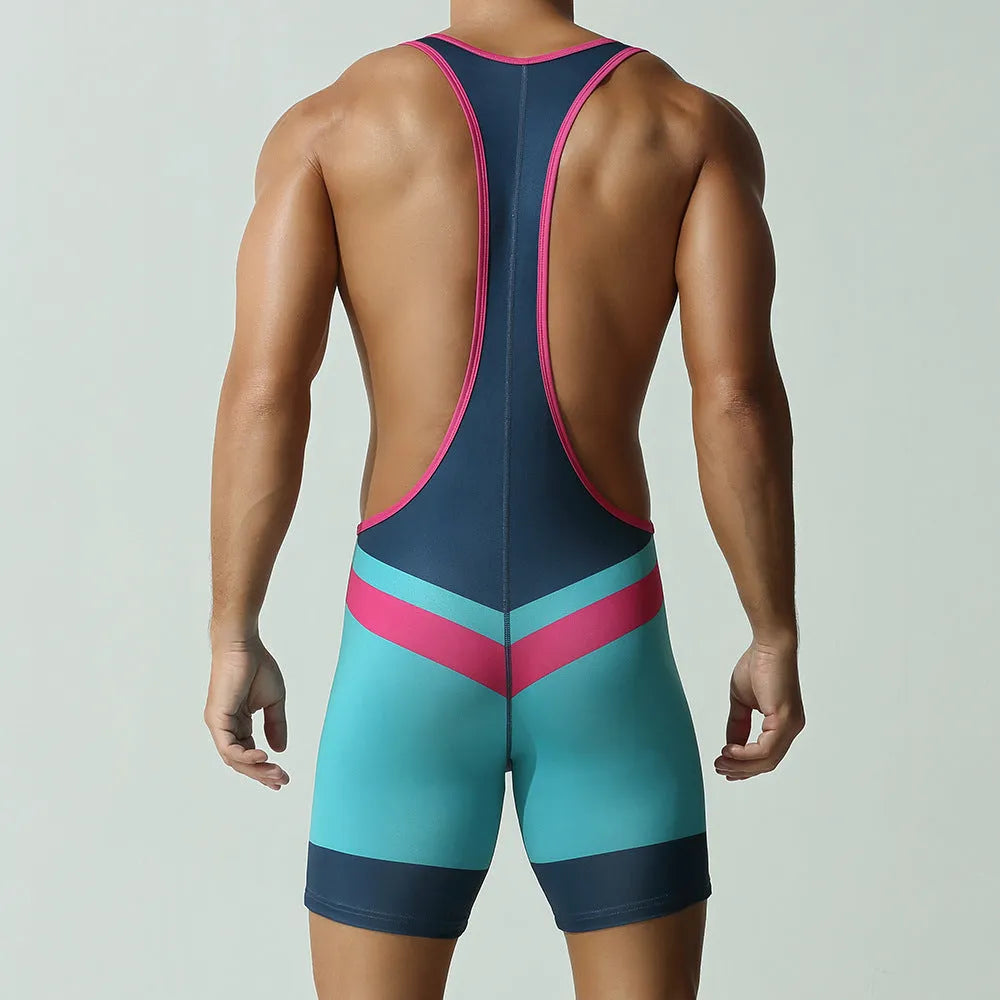 Men's solid colour quick-drying polyester sports vest jumpsuit on a hanger.