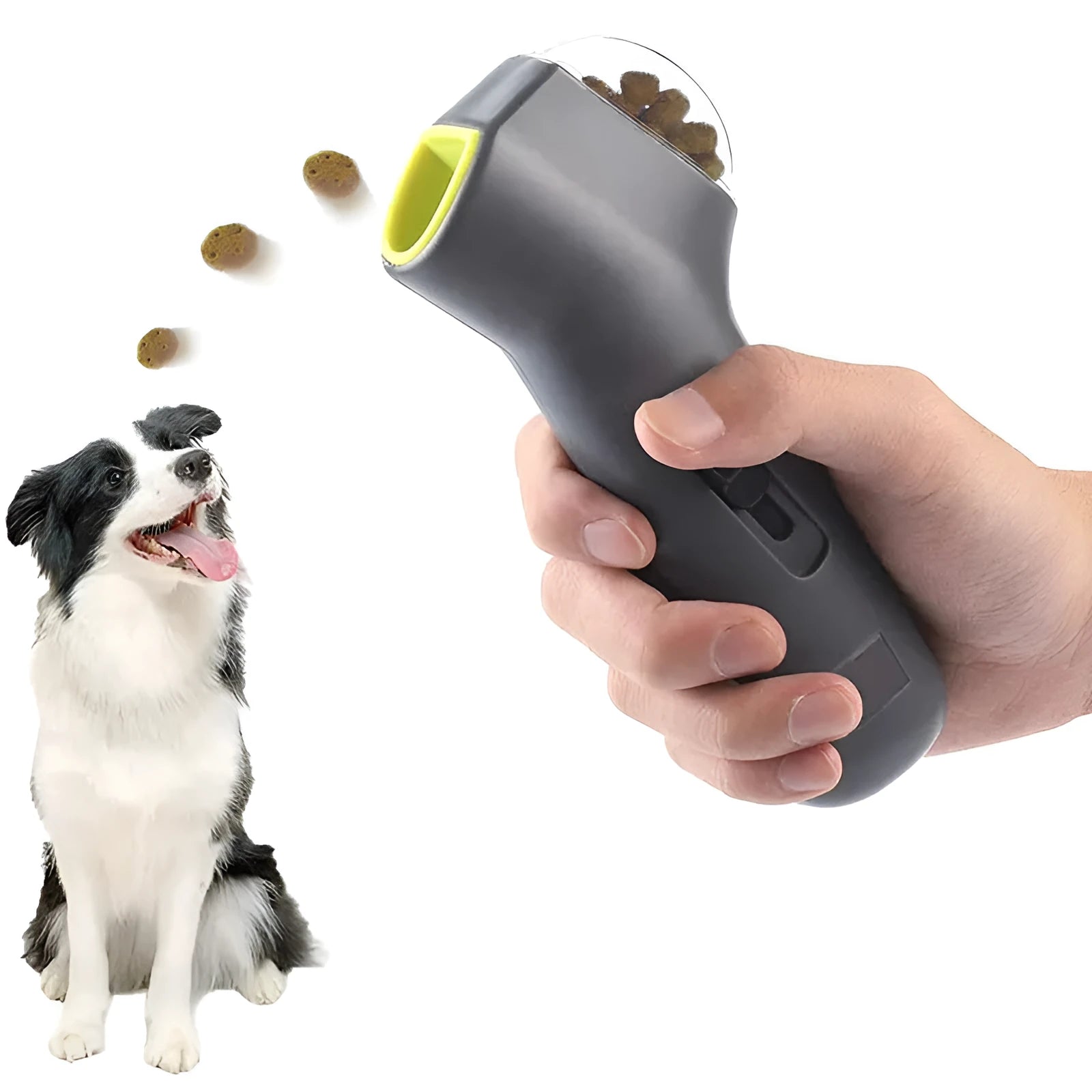 Grey pet snack catapult launcher for dog training measuring 18x7.5x3.5 cm