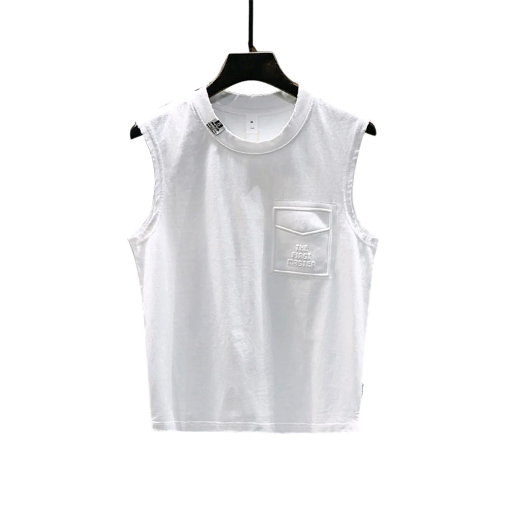 Loose fit solid colour cotton sleeveless t-shirt on a hanger, shown in white.