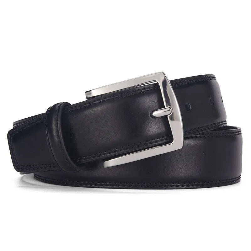 Men's genuine two-layer cowhide leather belt with alloy pin buckle in classic black or brown