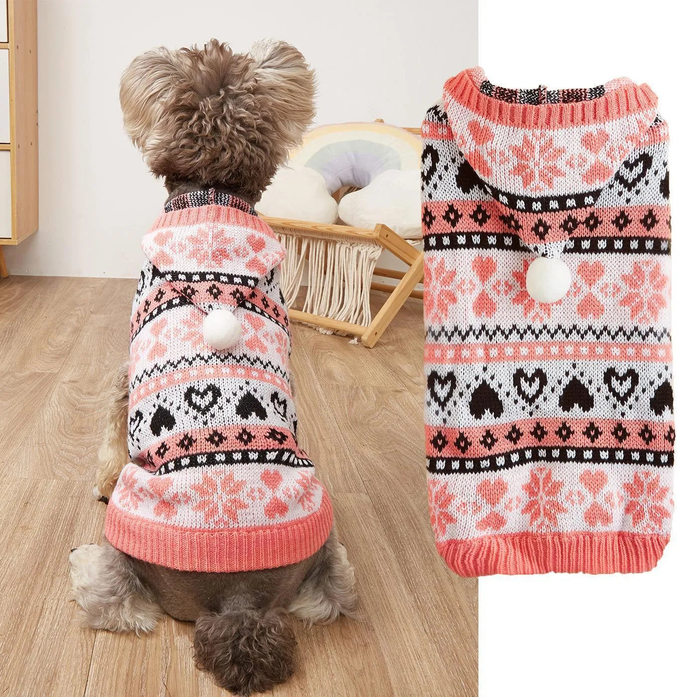 Colourful knitted dog sweater with snowflake and love heart patterns on a striped background.