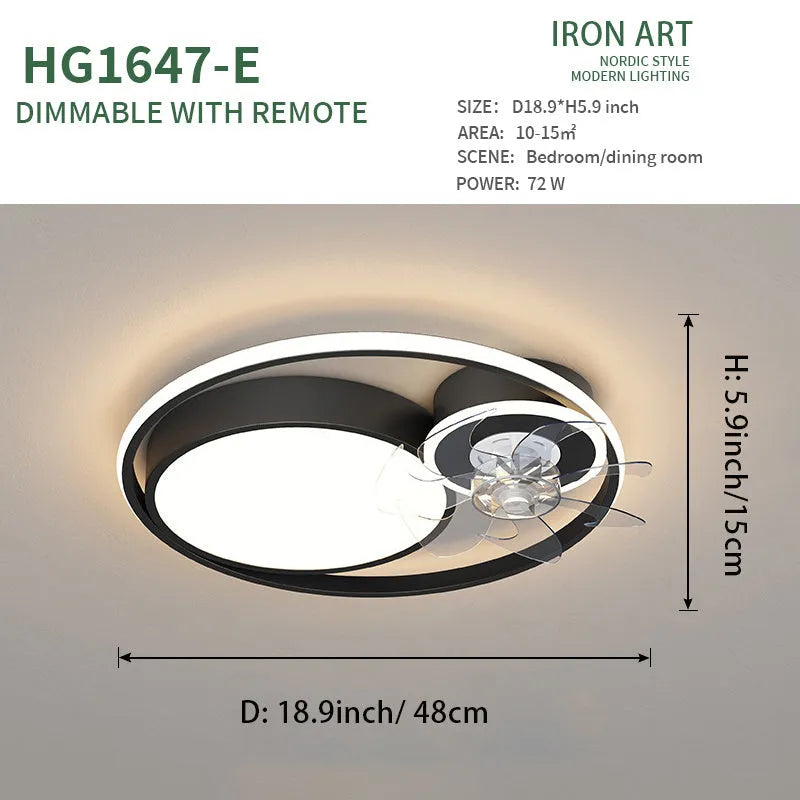 Nordic style ceiling fan light with metal blades and acrylic lampshade in 48cm diameter