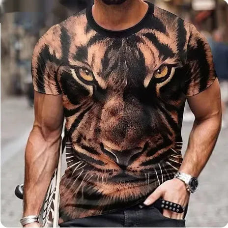 Men's grey t-shirt with a fierce 3D lion head graphic print on the front.