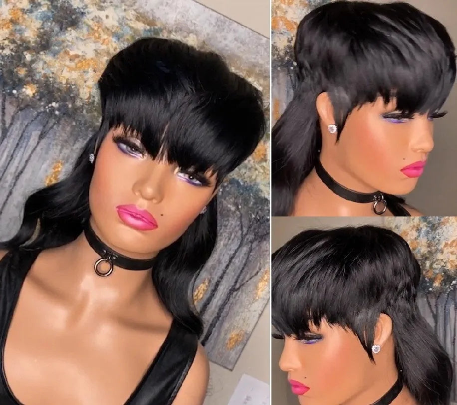 Black Brazilian wig with short front layers and long back hair in layered style
