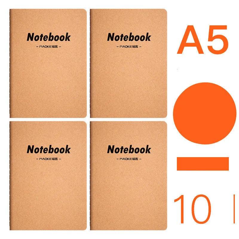 Ten soft cover kraft paper notebooks with thread binding in A5 and B5 sizes showing multiple design styles