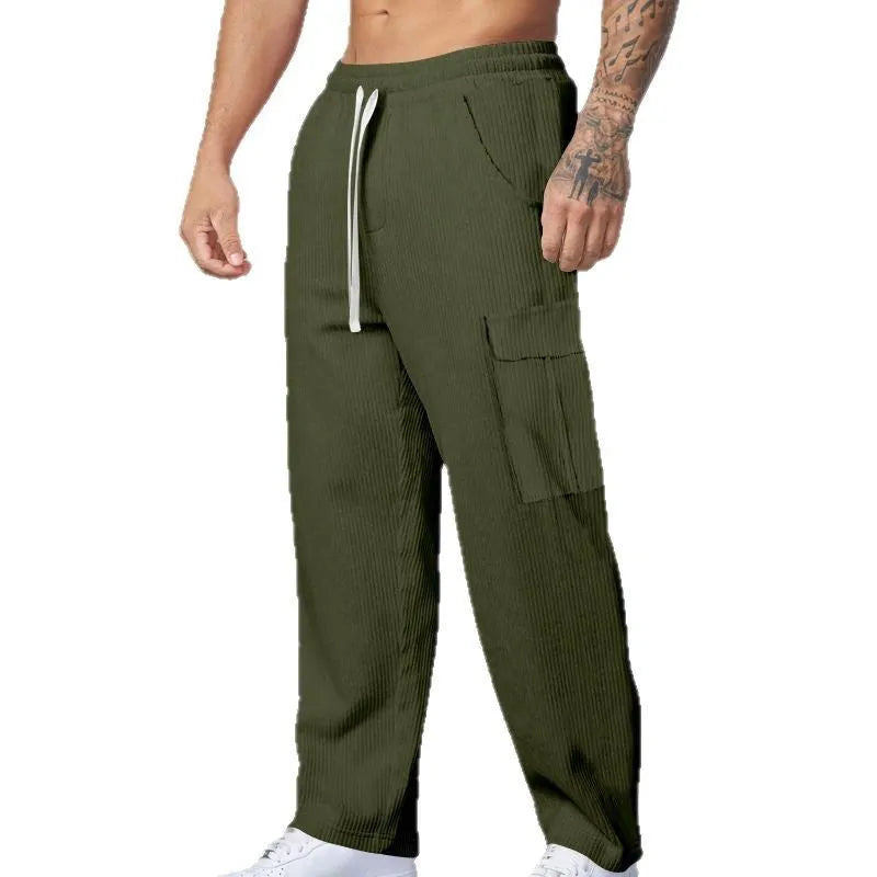 Men's loose-fitting corduroy cargo trousers in a straight wide-leg style with a drawstring waist.