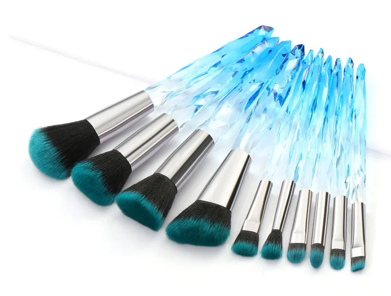 10 crystal handle foundation brushes showing black, blue, red, and yellow colours with 17.5cm length
