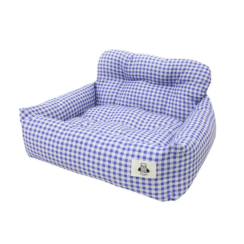 Grey and blue plaid stain-resistant fabric dog travel nests for car use, shown in small and large sizes.