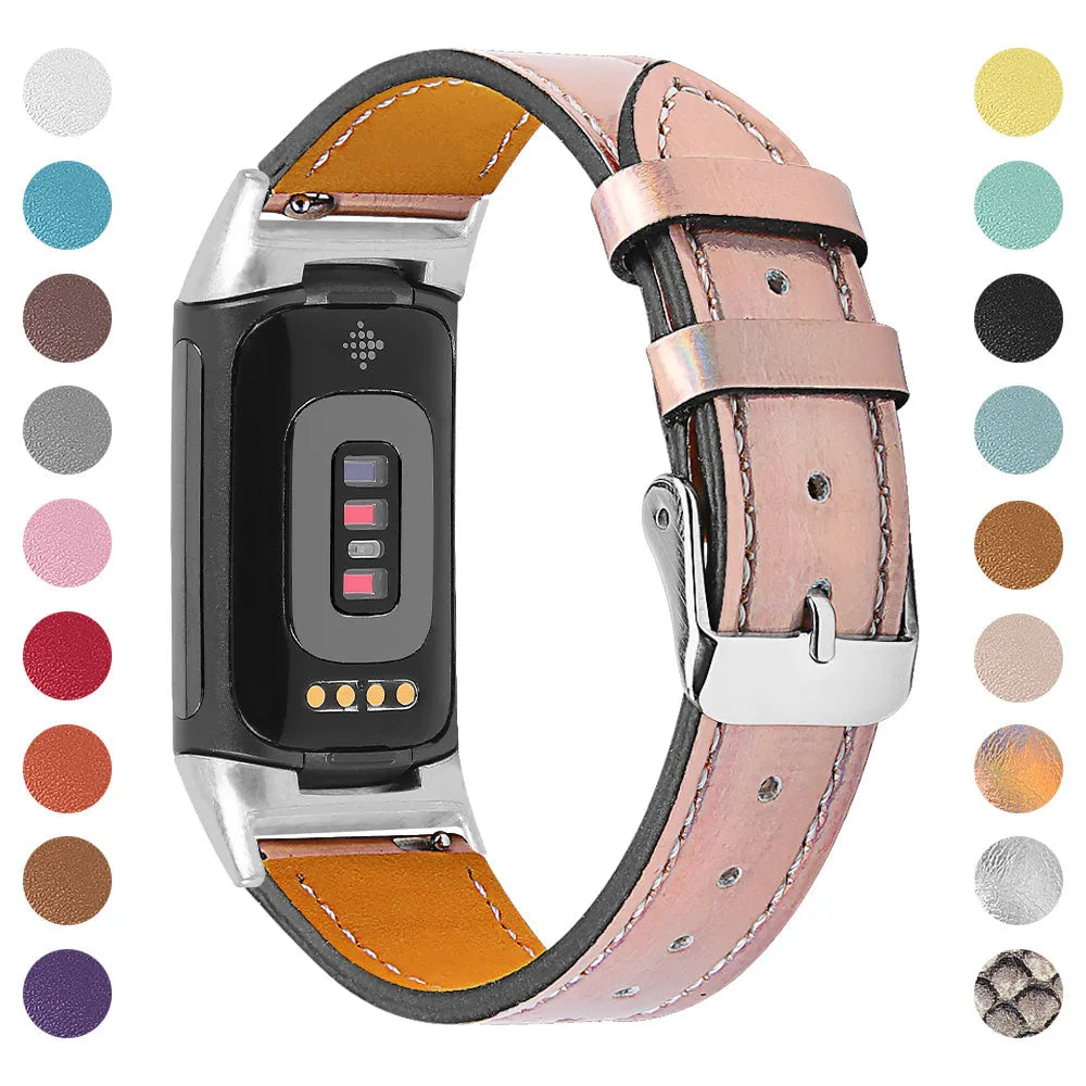 Genuine leather strap for Fitbit Charge 5 and Charge 6 smartwatch in apricot colour.