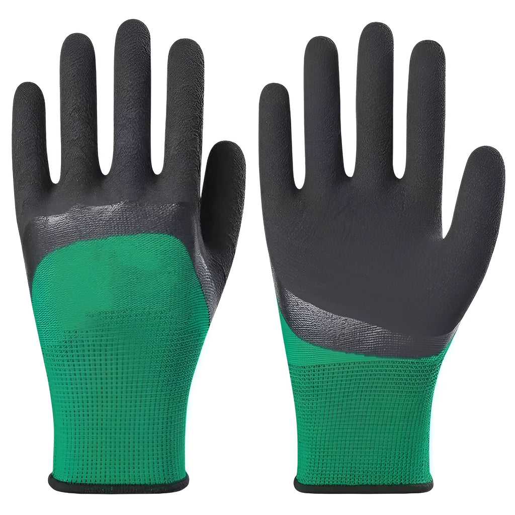 Black and green rubber work gloves with a non-slip textured surface, shown in size M.