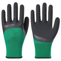 Black and green rubber work gloves with a non-slip textured surface, shown in size M.