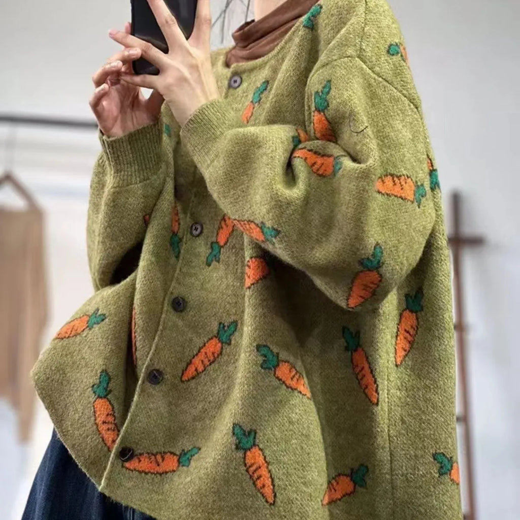 Womens loose fit cardigan with Mori artistic printing colour contrast design