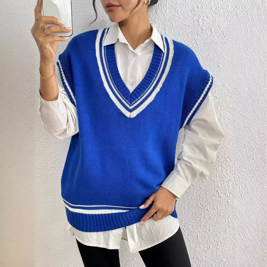 Women's casual loose-fit acrylic blend vest sweater in black, blue, or coffee colour.