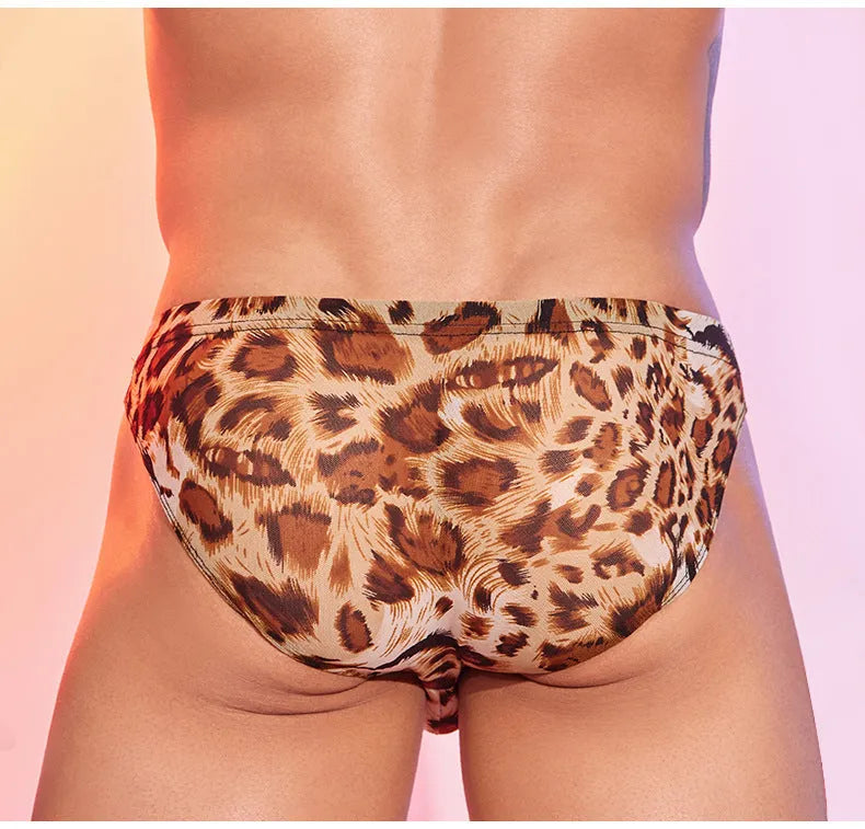 Men's leopard print low waist nylon underwear on a white background.