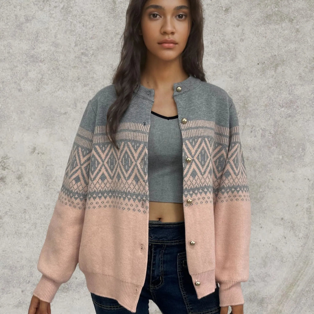 Women's red alpaca wool cardigan with grey contrast sleeves and diamond knit pattern