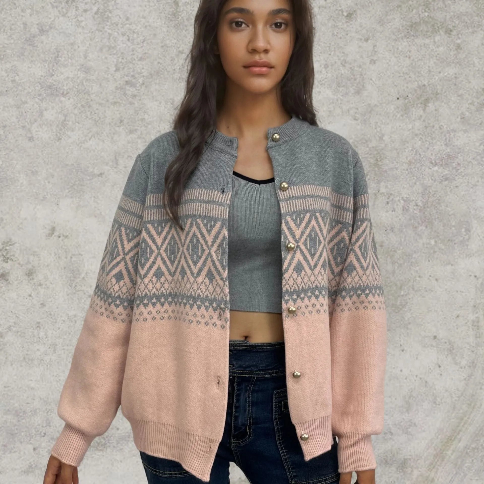 Women's red alpaca wool cardigan with grey contrast sleeves and diamond knit pattern