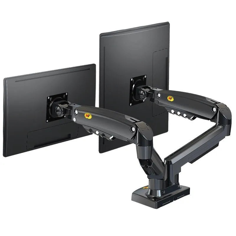 Dual screen lifting monitor bracket for VESA compatible monitors in aluminium and plastic construction.