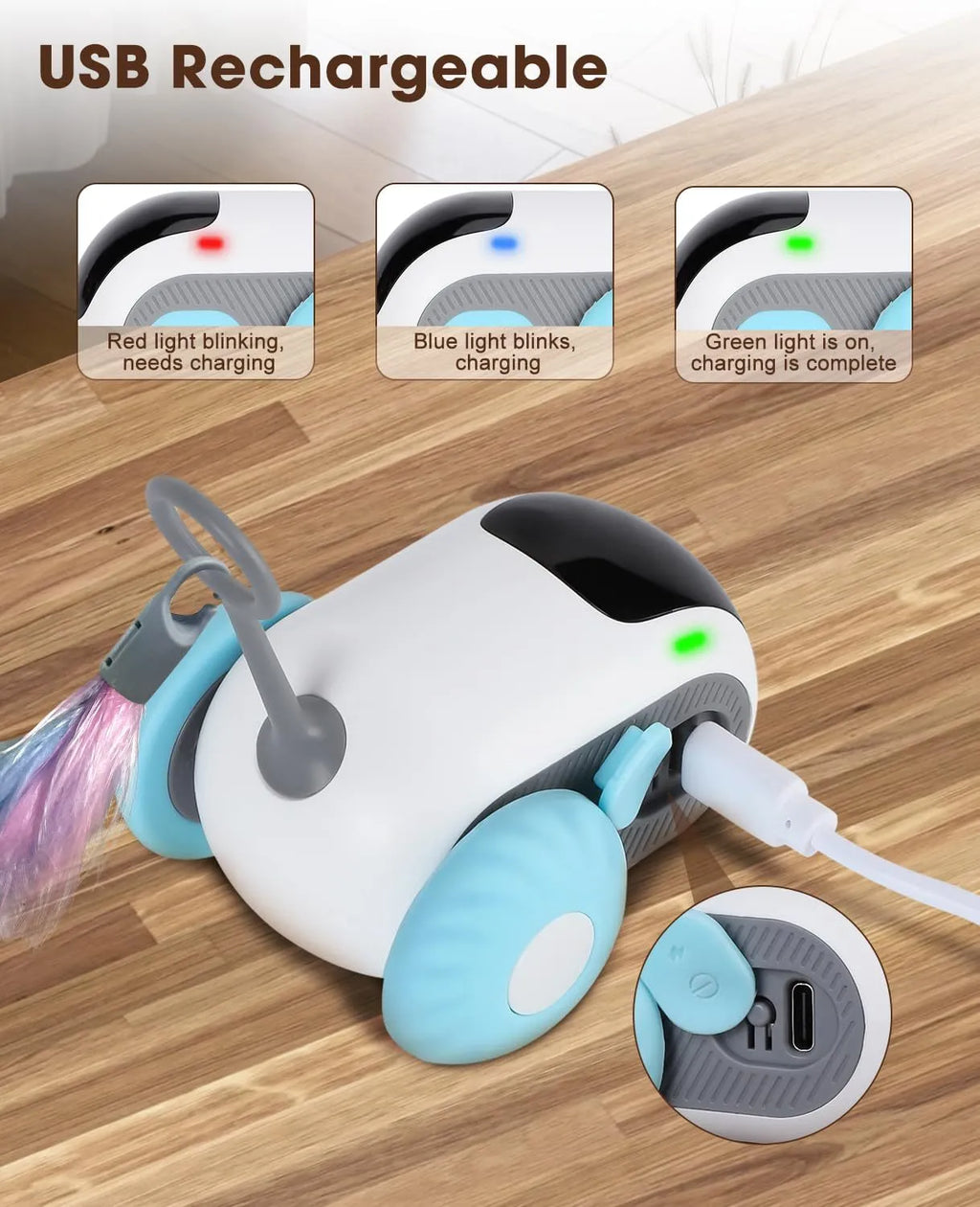 Smart cat toy car with feather teaser attachment in blue colour with remote control