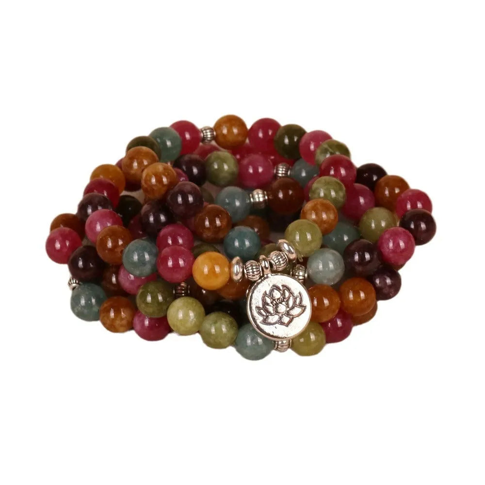 Tourmaline-colour lotus bead multi-layer bracelet with 108 beads on alloy string