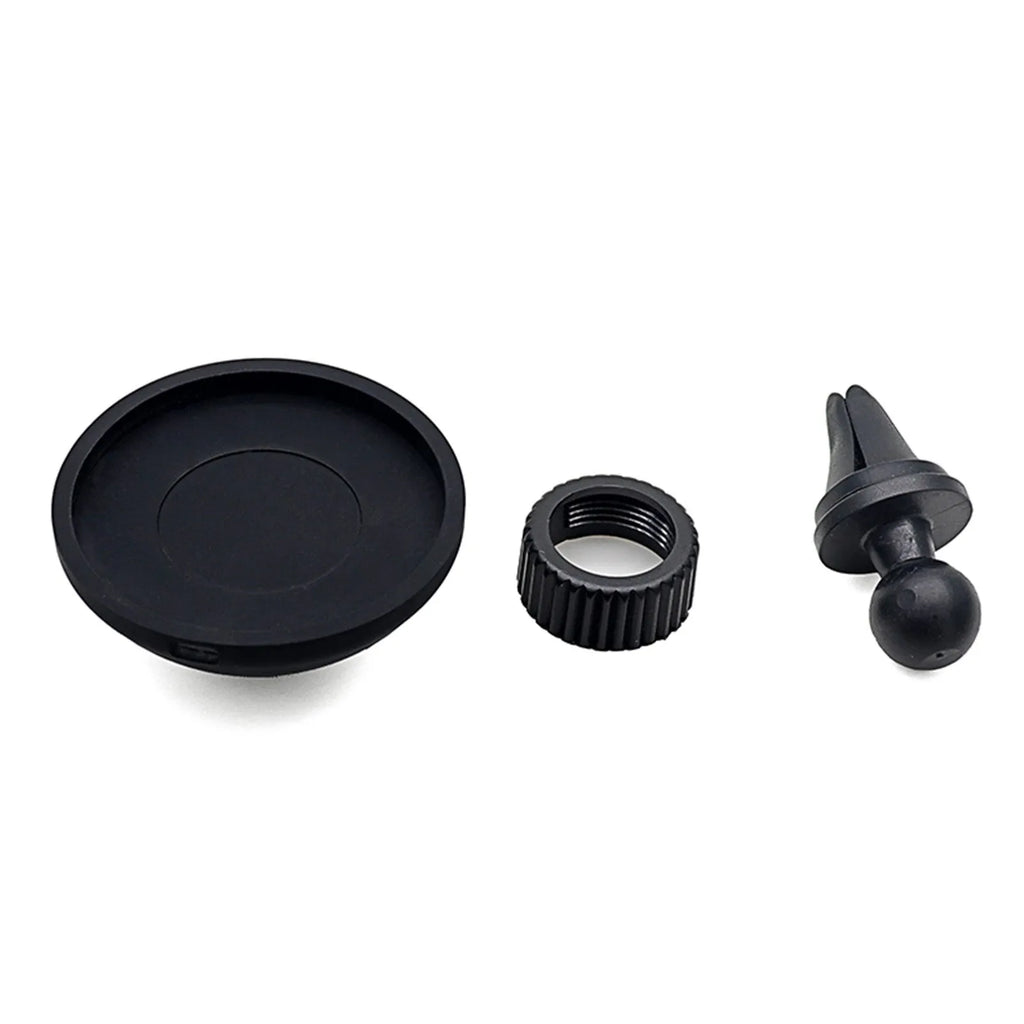 Black plastic magnetic car phone holder shown as an air vent mount and a dashboard base mount.