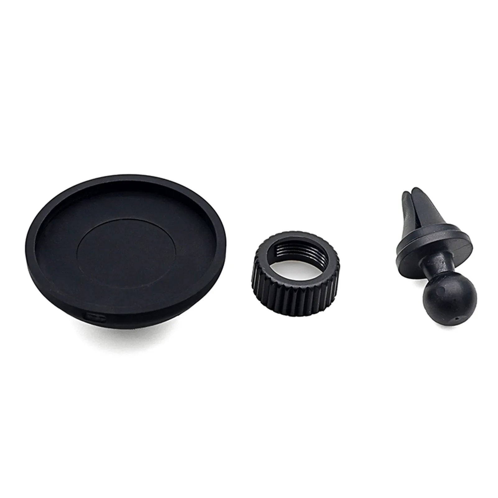 Black plastic magnetic car phone holder shown as an air vent mount and a dashboard base mount.