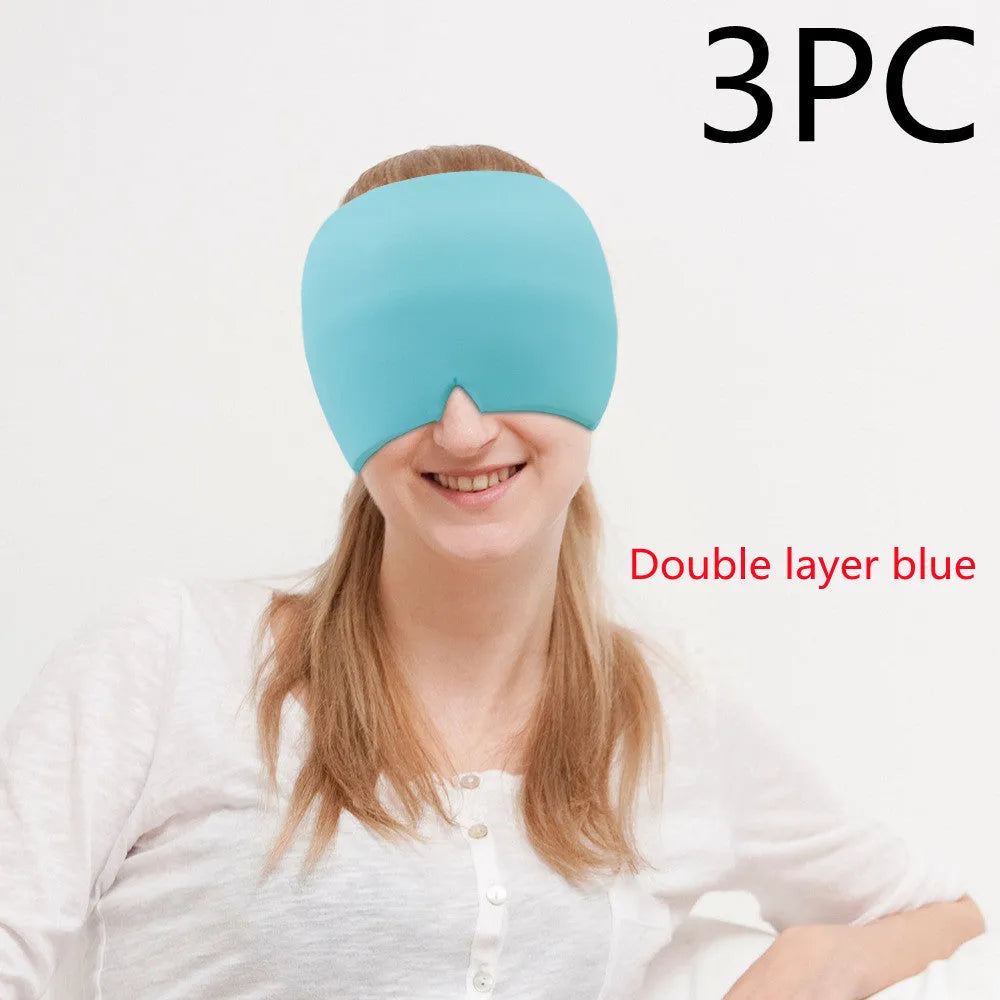 Black elastic cloth gel eye mask for headache relief showing adjustable design