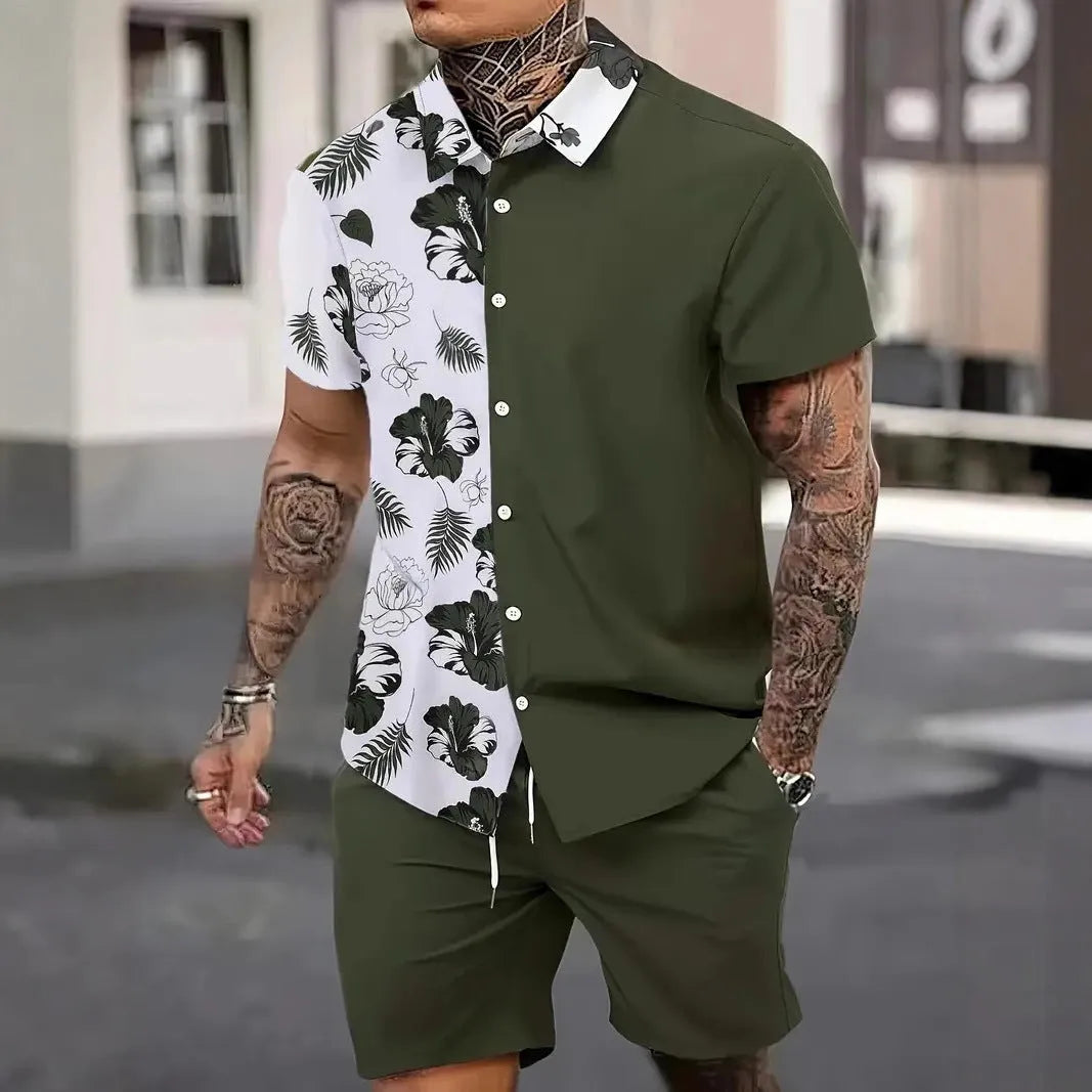Man wearing a Hawaii-themed 3D printed short sleeve top and matching shorts leisure set.