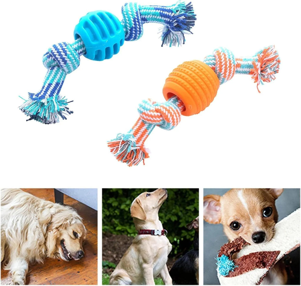 Blue soft dog chew toy with molar-shaped textured head and integrated knotted rope for dental care.