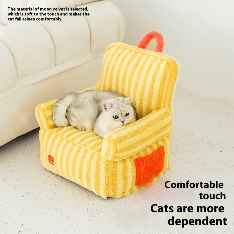 Striped orange plush fabric dog bed with a removable cover.