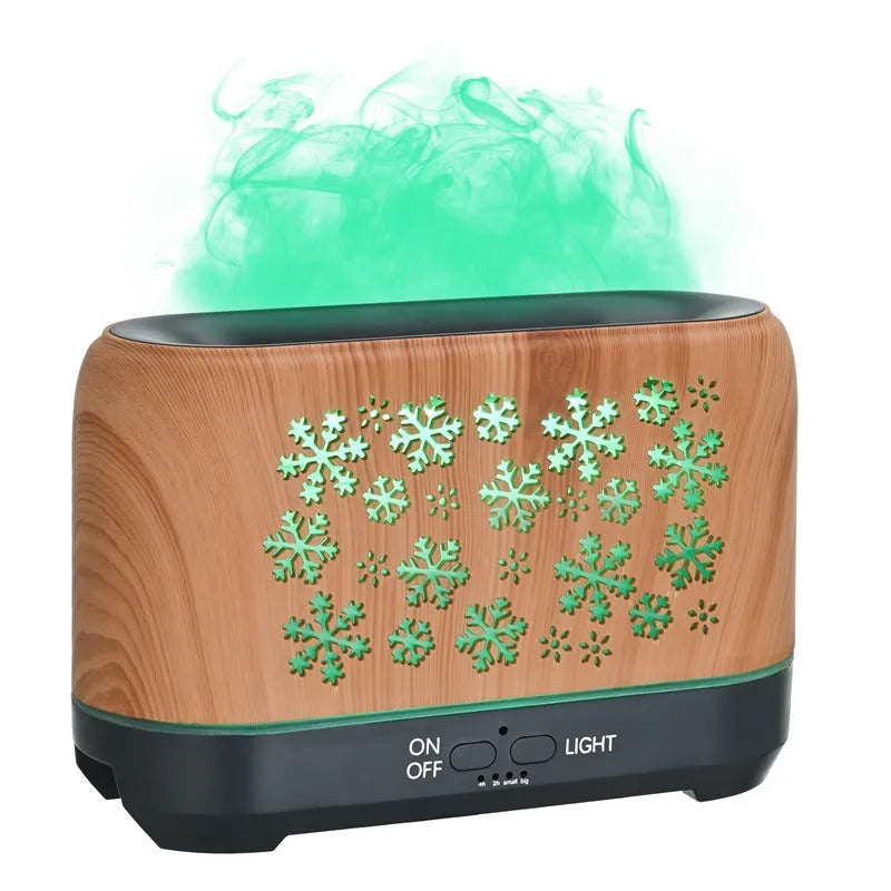 Wood grain snowflake pattern aromatherapy humidifier with colourful flame effect lighting on desktop